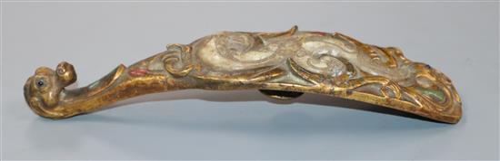 A Chinese gilt bronze and hardstone mounted belt hook, Han Dynasty style